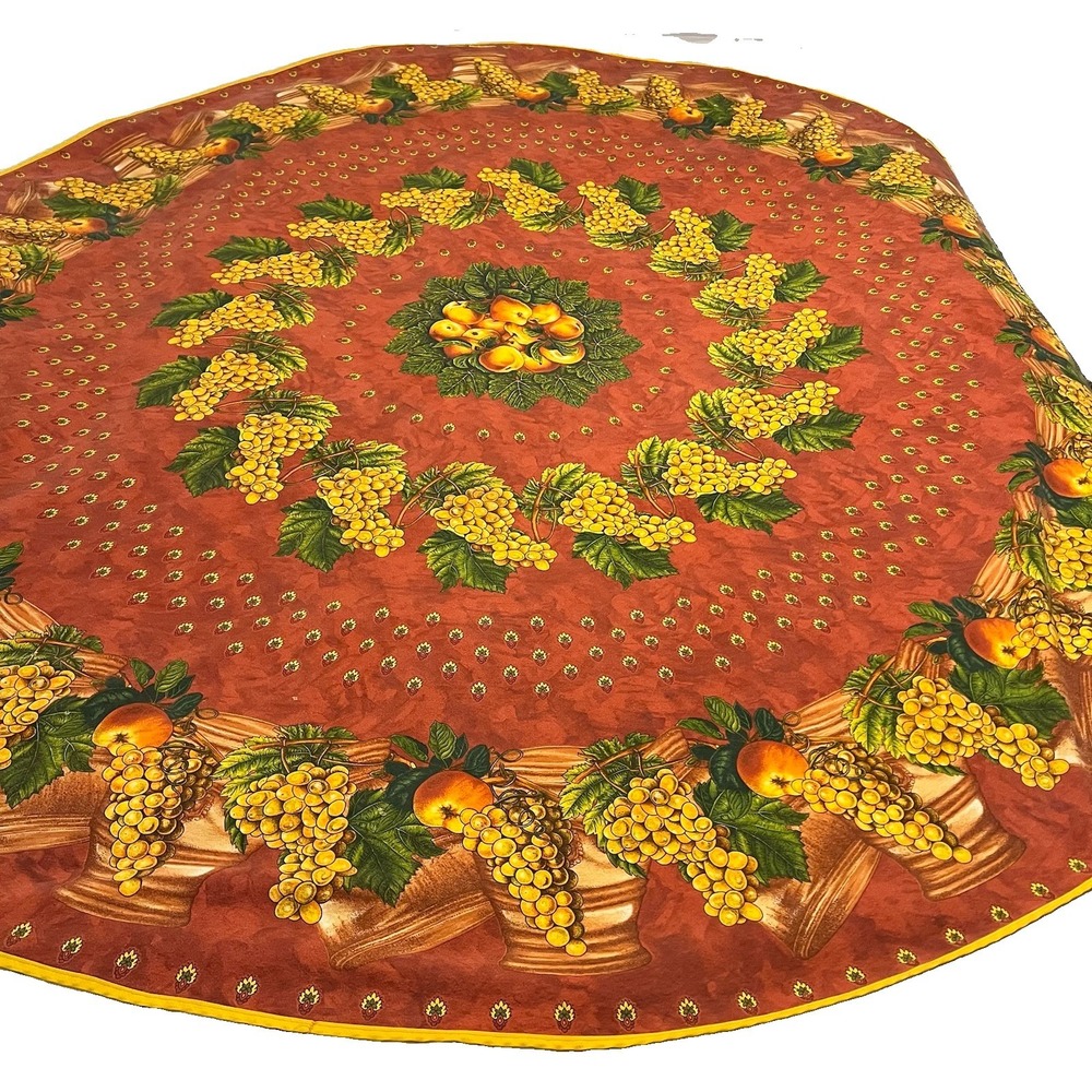 Vent Du Sud French Country Vtg Rustic Orchards Peach Grape Tablecloth 65" Round